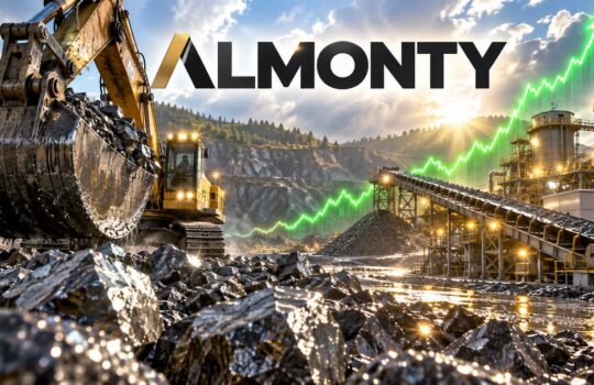 Mining site with an excavator and conveyor belts; a bright green upward-trending chart overlays the scene, signaling growth (ALMONTY branding in the background).