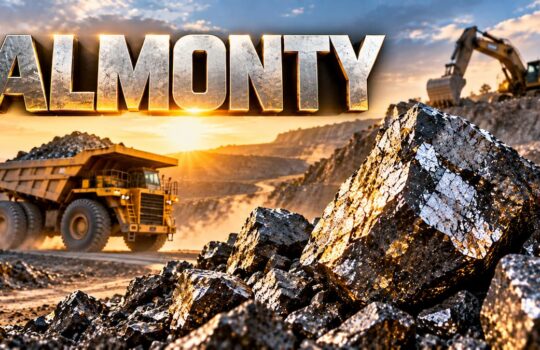 Mining quarry at sunset with a yellow dump truck and excavator; large 'ALMONTHY' sign in the sky above.