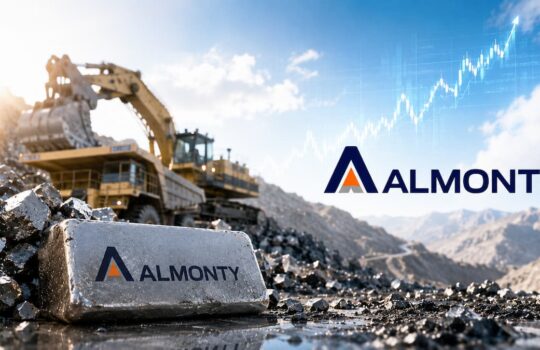 Open-pit mining site with a large excavator and rock piles; Almonty logo on a rock in the foreground.