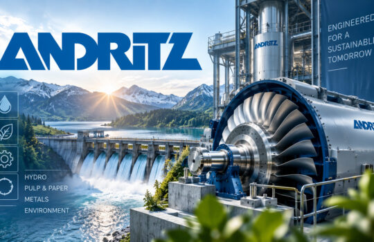 Hydroelectric turbine at a dam with a lake and alpine mountains in the background; Andritz logo on the machinery and a banner that reads 'Engineered for a Sustainable Tomorrow'