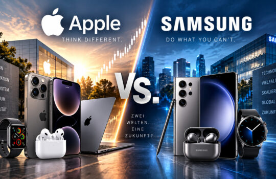 Apple vs Samsung promotional banner with Apple devices on the left and Samsung devices on the right, separated by a central VS.