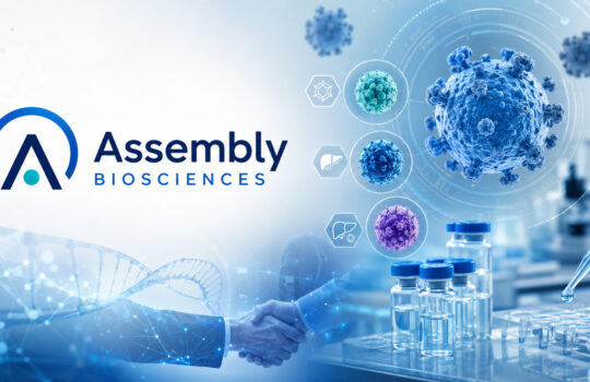 Assembly Biosciences logo with scientific imagery: handshake, DNA strand, vials, and blue viral icons in a biotech lab scene.