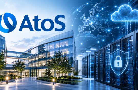 Atos branding over a modern glass campus with a cloud and server racks, signaling cloud security services.