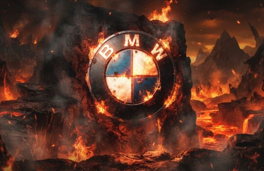 BMW logo embedded in a fiery volcanic landscape with flames and lava surrounding a rugged rock formation