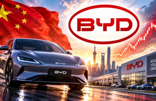 Silver BYD car in the foreground at a dealership, with a waving Chinese flag, a modern city skyline, and a red upward-trending graph in the sky.