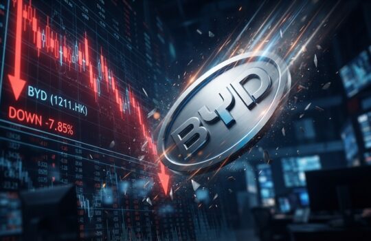 Bitcoin symbol spinning over financial charts with red downward arrows and market data.