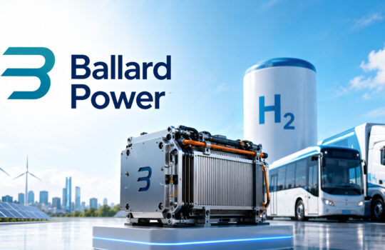 Ballard Power logo with a hydrogen fuel cell unit, large H2 tank, and electric buses at a clean energy display.