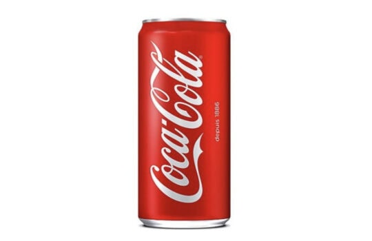 Red Coca-Cola can with white script on a white background