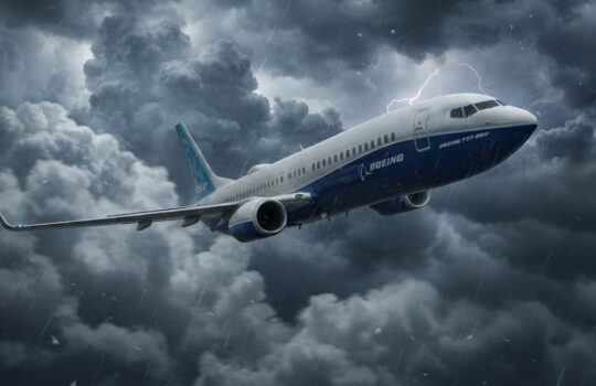 Boeing passenger jet flying through dark storm clouds with rain and lightning in the background, engines humming