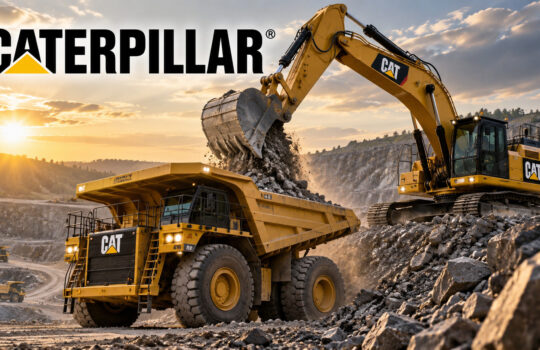 Caterpillar excavator loading a CAT dump truck with rocks at a quarry at sunset.