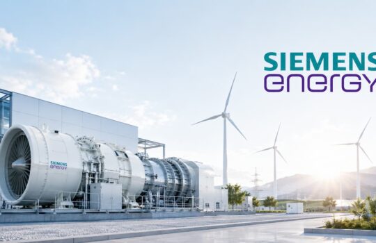 Industrial energy facility with large turbine generator and wind turbines in the background; Siemens Energy branding visible.