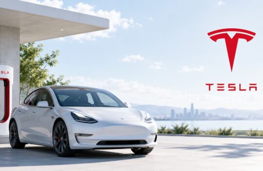 White Tesla Model 3 at a charging station by the water with a distant city skyline in the background.
