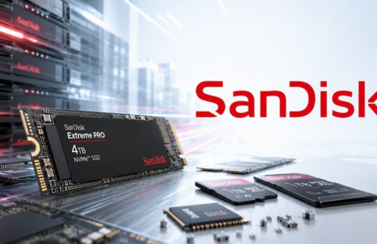 SanDisk Extreme PRO 4TB NVMe SSD on a glossy surface with data-center racks in the background and red light streaks, branding visible.