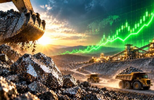Excavator dumping ore into a rocky mine as yellow trucks drive through, with a green rising stock chart in the sky indicating growth
