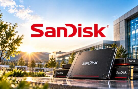 SanDisk logo in the sky with several SanDisk SSDs arranged on the ground outdoors.
