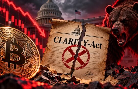 Bitcoin coin beside a torn CLARITY-Act document with a red X, a snarling bear looming over rubble, Capitol dome in the background.