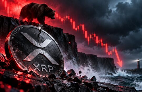 Cracked XRP coin on jagged rocks as a red bearish chart and stormy sea loom with a lighthouse in the distance.