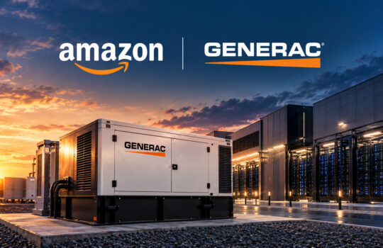 Outdoor data-center scene with a Generac generator in the foreground and rows of server racks in the background; Amazon and Generac logos headline the image at sunset.
