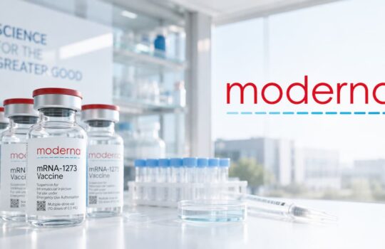Vial labeled Moderna mRNA-1273 vaccine on a lab bench with other vials and the Moderna logo in the background window.