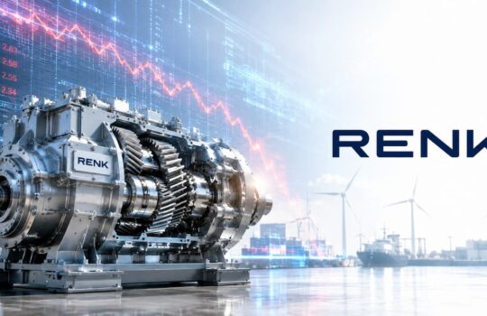 Large industrial gearbox labeled RENK on a factory floor with stock market graphs and offshore wind turbines in the background
