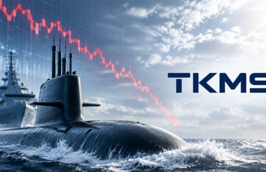 Submarine surfacing at sea with a military ship in the distance and a red stock-chart line over a blue sky, TKMS logo on the right