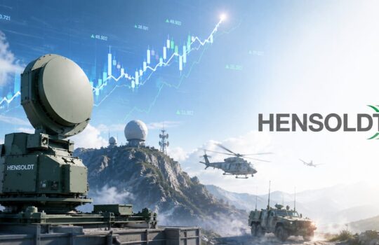 Radar system on a military vehicle overlooking mountains, with helicopters and armored vehicle; HENSOLDT branding visible.