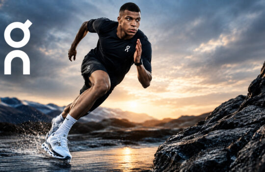 Male athlete in black On outfit sprinting along rocky shoreline at sunset; water splashes at his feet.