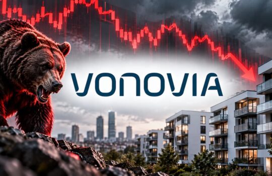 Bear on rocks snarls as a red downward-trending stock chart looms over a city skyline and modern apartments, with 'Vonovia' logo in the center (imagery suggests a real estate downturn).