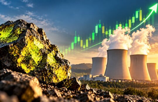 Rocky foreground with cooling towers emitting steam at sunset, overlaid by a bright green upward-trending chart to symbolize growth in the energy sector