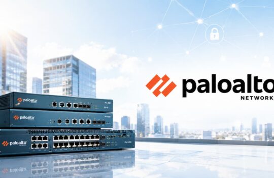 Stack of Palo Alto Networks network switches on a reflective surface with a city skyline in the background, conveying enterprise networking hardware.