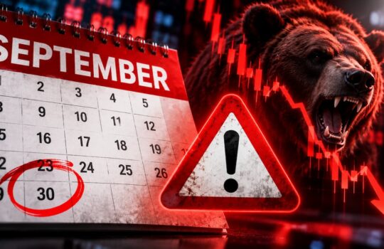 September calendar with the 30 circled, a red warning sign, and a roaring bear over a crashing stock chart — conveying market danger in September.