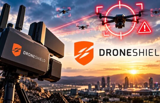 Drones fly above a city at sunset with DroneShield branding and a red targeting reticle highlighting drone defense.