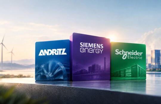 Three colored blocks display the logos Andritz, Siemens Energy, and Schneider Electric in a modern industrial scene with wind turbines in the background.