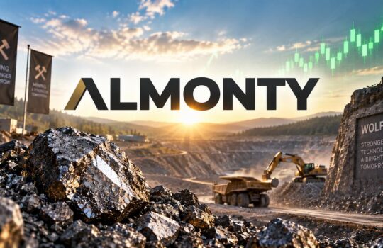 Sunset at an open-pit mine with heavy machinery and rugged rock piles; prominent ALMONTY logo across the scene.