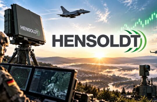 Military operator monitors data on screens with a large HENSOLDT logo and radar equipment at sunrise over a valley.