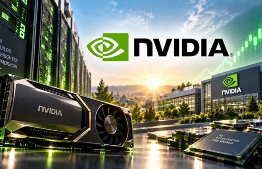 NVIDIA data-center scene with a large graphics card in the foreground, server racks on the left and a modern NVIDIA building on the right, sunrise lighting and a green branding theme