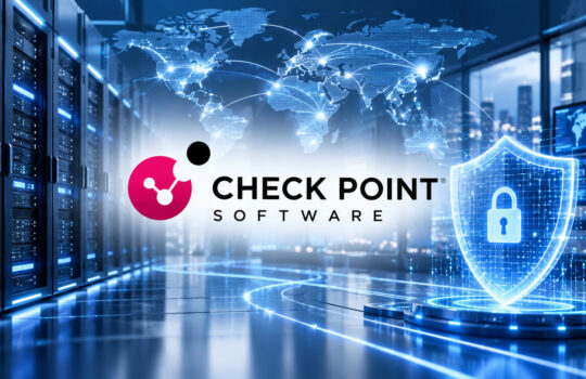 Check Point Software logo over a glowing world map and shield, representing cybersecurity in a data center setting.