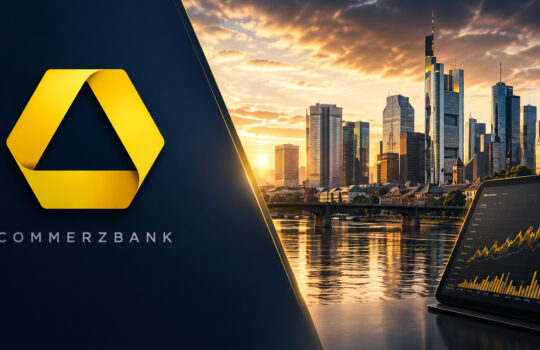 Commerzbank logo on a dark panel beside a skyline at sunset and a tablet showing a rising stock chart.