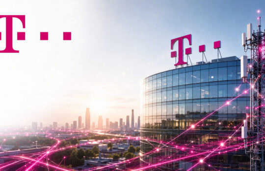 T-Mobile logo on left; city skyline and a glass office building with pink network lines.