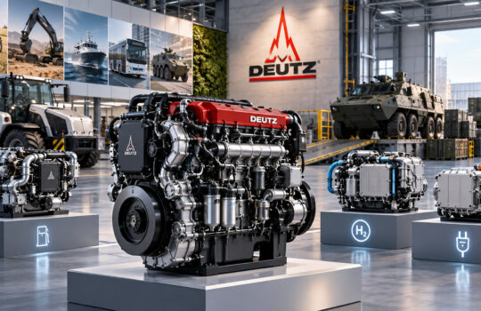 Industrial showroom with a large Deutz engine center stage and other engines on display