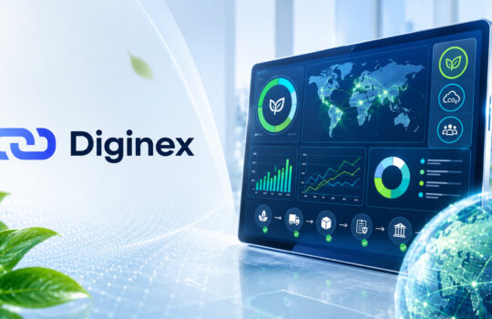 Diginex brand name beside a high-tech dashboard showing a world map, charts, and eco icons on a laptop screen.