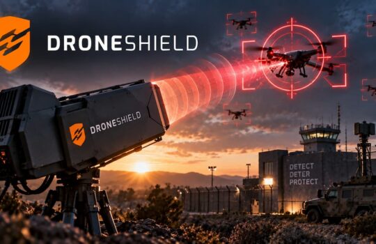 DroneShield anti-drone system firing a red targeting beam at multiple drones over a base with a fortress wall and logo visible at sunset.