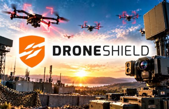 Drones flying over a military base at sunset with the DroneShield logo in the foreground