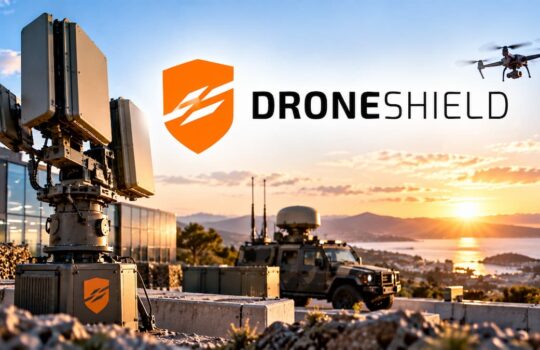 DroneShield branding beside anti-drone defense equipment at sunset over the coast; a drone flies in the sky