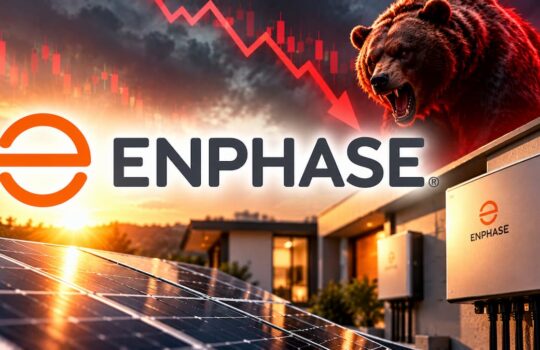 Enphase logo over solar panels at sunset, with a roaring bear and a red downward stock arrow in the background, signaling market risk.