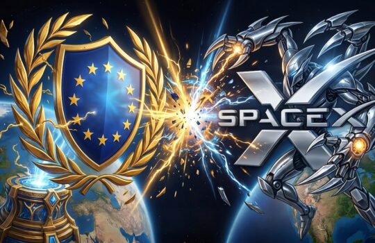 Promotional banner: a golden laurel shield with EU stars clashes with a metallic robotic warrior near Earth, for Space X game.