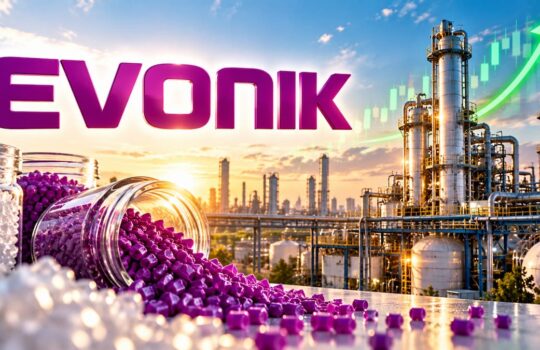 EVONIK logo over an industrial refinery, with purple pellets spilling from a jar and a green upward arrow indicating growth.