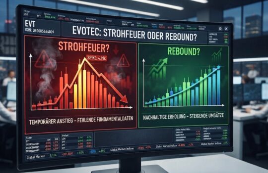 Monitor showing EVT/EVOTEC stock dashboard with two panels: left red chart labeled 'Strohfeuer?' and a downtrend; right green chart labeled 'Rebound?' with rising bars; header reads 'EVOTEC: STROHFEUER ODER REBOUND?'