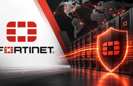 Fortinet logo on the left with a row of server racks on the right, featuring a glowing red shield and network lines across a world map background.
