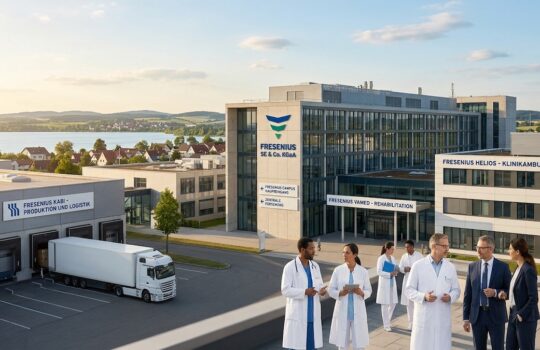 Group of doctors in white coats talk outside a modern Fresenius medical campus with a tall glass facade